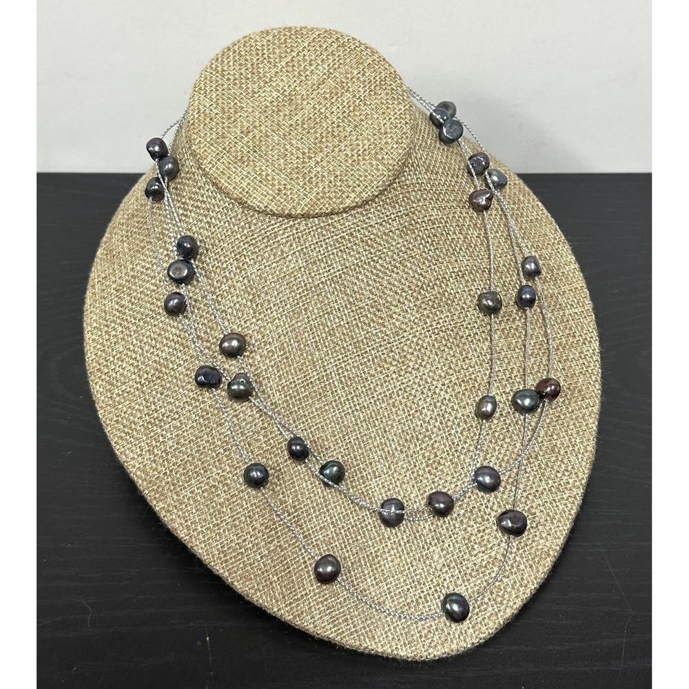 Vtg 925 Sterling Silver 3 Layer 18" Strand Natural Black Baroque Pearls